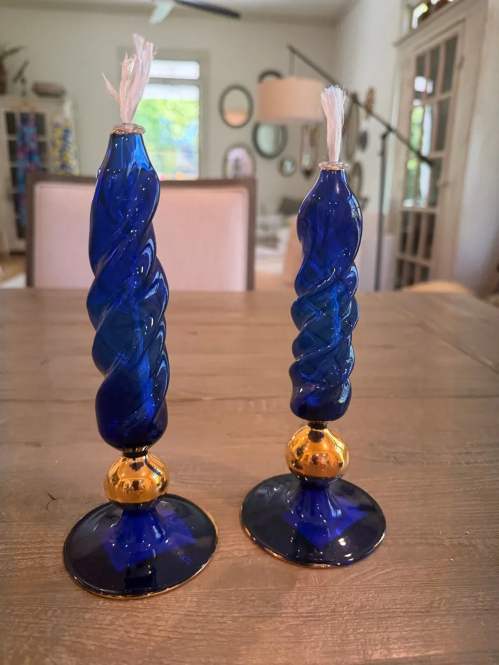 Flame Glow hand-blown cobalt blue glass oil lamps. Set of 2